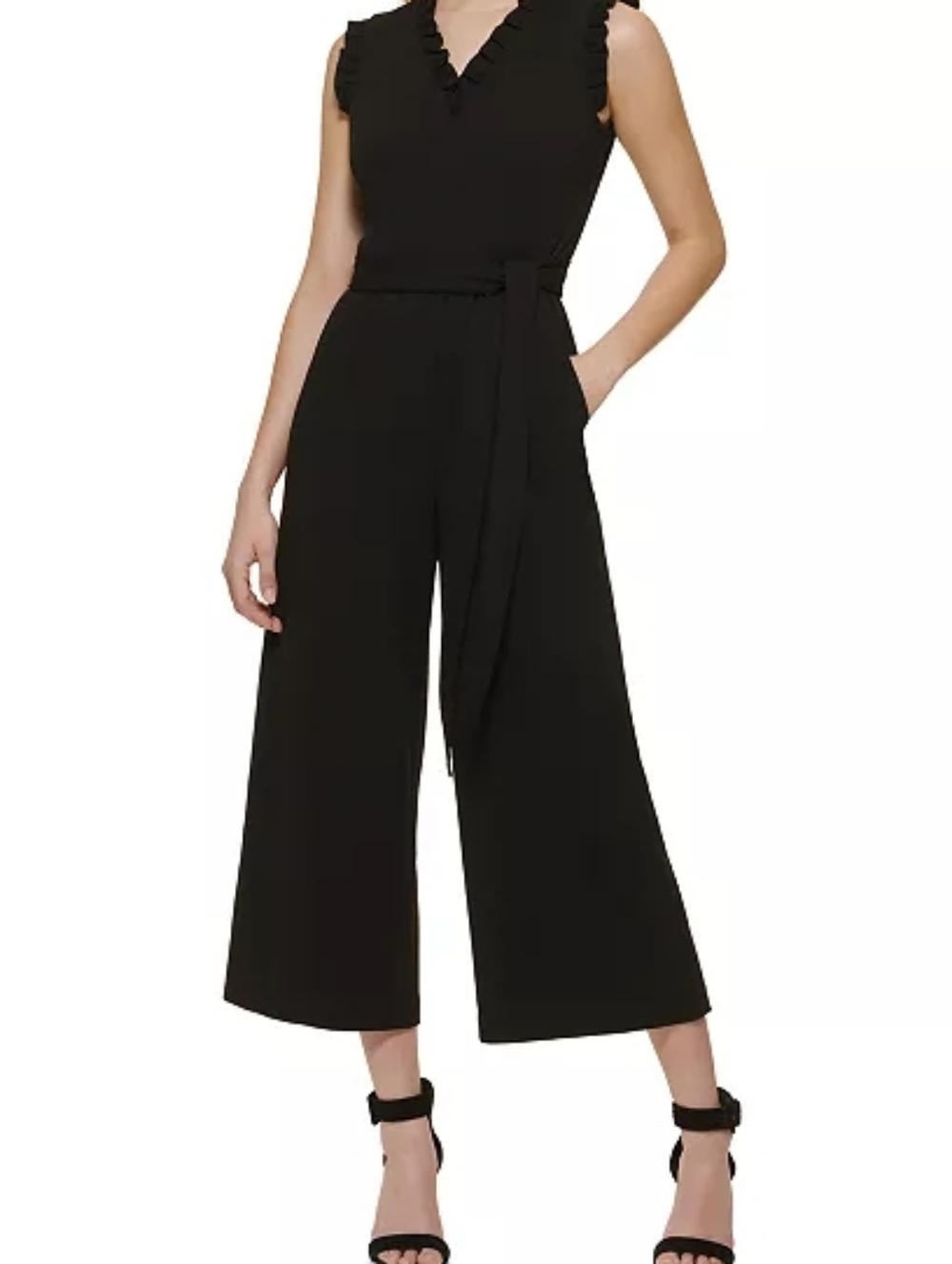 Calvin Klein Womens Black Belted Ruffle Neck Sleeve Jumpsuit Size 8